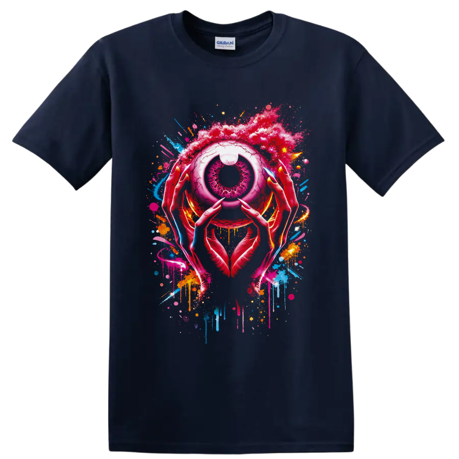 Surreal pink eye held by pointed hands with neon graffiti splatters and drips on a Navy (Blue) T Shirt