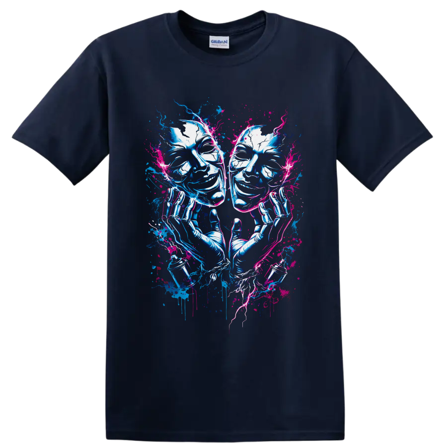 Comedy and tragedy theater masks with gloved hands in neon blue and pink graffiti art on a Navy (Blue) T Shirt