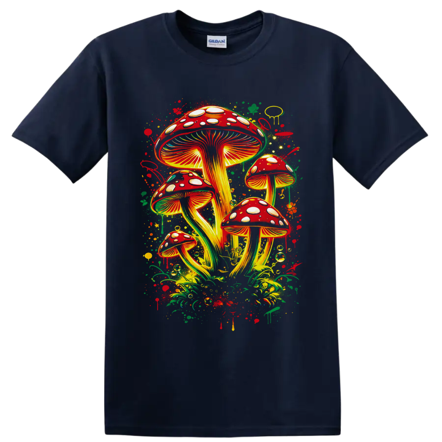 Psychedelic red spotted mushroom cluster with golden gills and forest splatters on a Navy (Blue) T Shirt