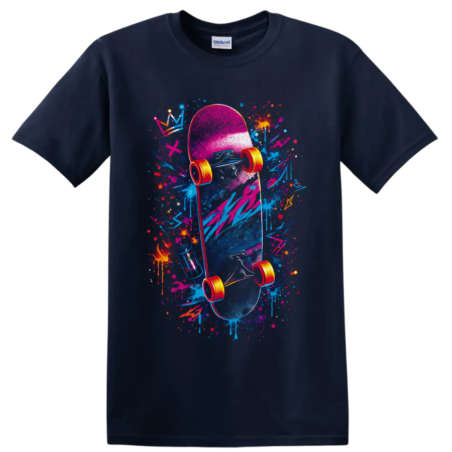 Neon graffiti-style skateboard graphic with paint splatters, drips, and bright wheels on a Navy (Blue) T Shirt