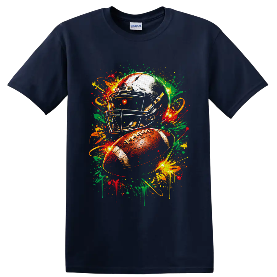 Football helmet and ball with vibrant graffiti-style paint splashes on a Navy (Blue) T Shirt