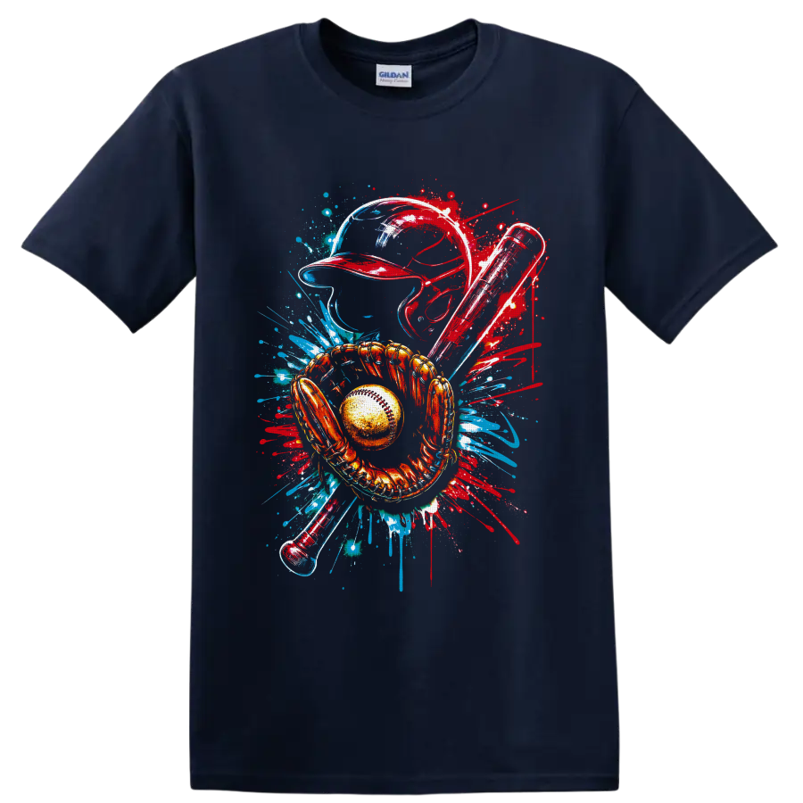 Baseball catcher helmet, mitt, ball and bats in red and blue graffiti splash art on a Navy (Blue) T Shirt