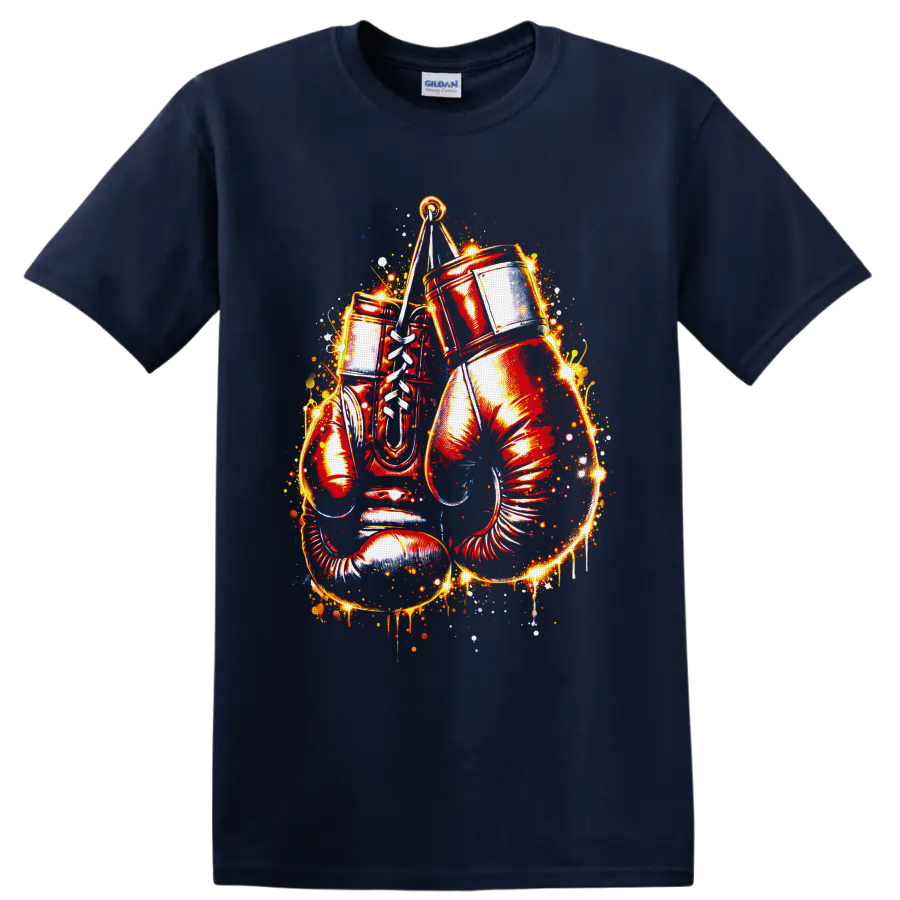Fiery drum set with cymbal, drumsticks, sparks, and paint splatter graphic on a Navy (Blue) T Shirt
