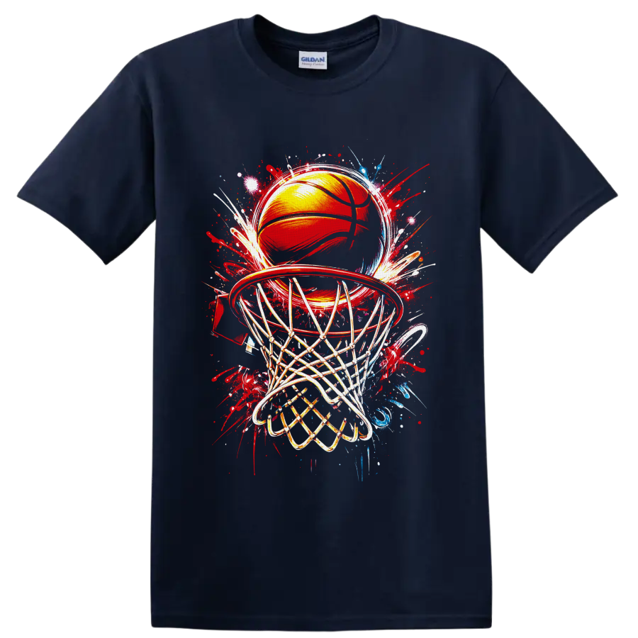 Basketball hoop and ball with net in colorful graffiti splash art on a Navy (Blue) T Shirt