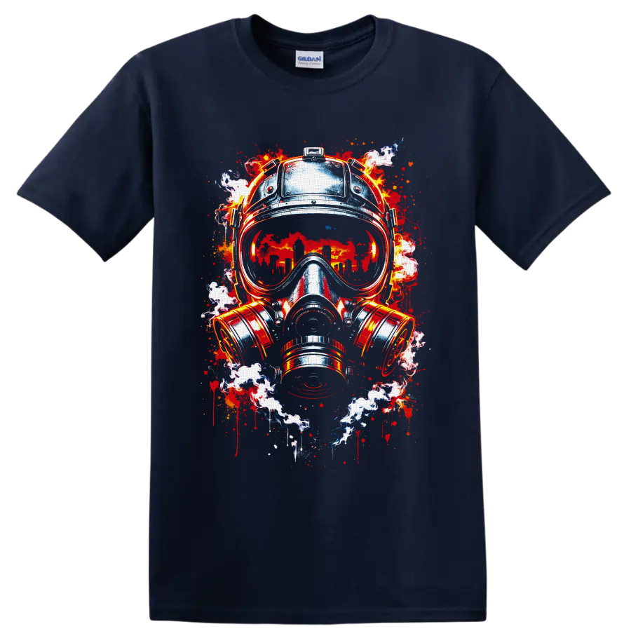 Dystopian gas mask illustration with burning city skyline, flames, smoke, and paint on a Navy (Blue) T Shirt