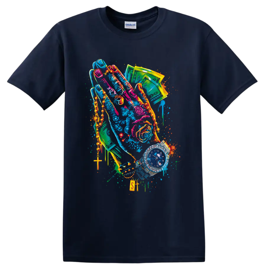 Colorful urban collage of high-top sneakers, cash, chains, roses, cross pendant, and watch on a Navy (Blue) T Shirt