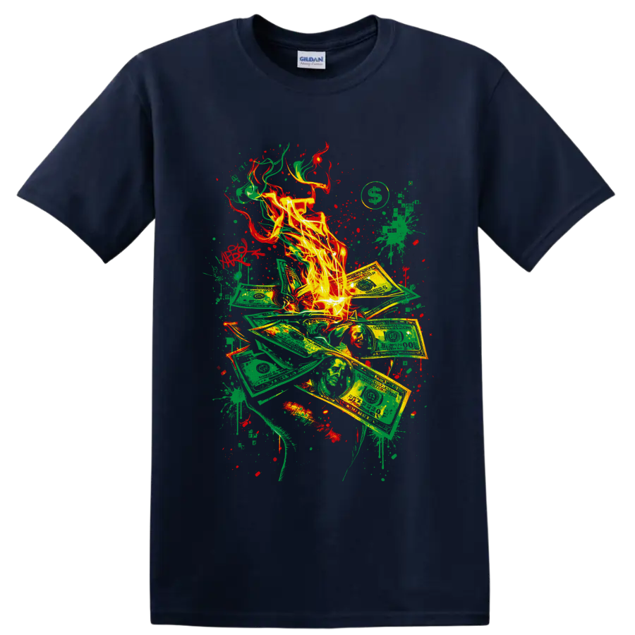 Burning dollar bills with flames and red-green graffiti paint splatters on a Navy (Blue) T Shirt