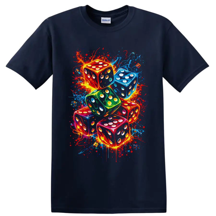 Colorful stacked dice in neon graffiti style with glowing pips and paint splatters on a Navy (Blue) T Shirt
