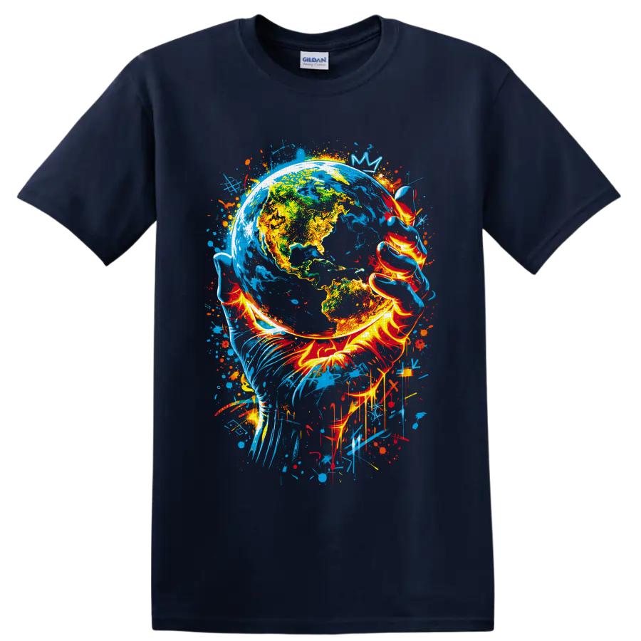 Colorful Earth globe graffiti art with fiery ribbons, blue paint splashes, and drips on a Navy (Blue) T Shirt