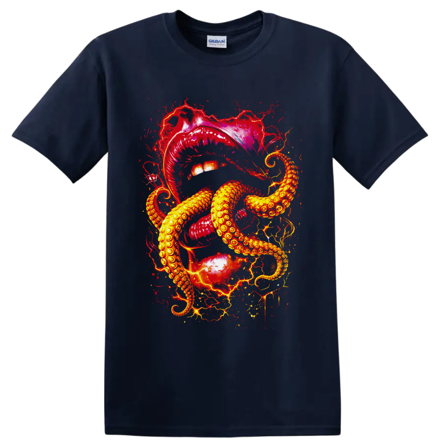 Surreal crimson lips with golden octopus tentacles in gothic splatter art on a Navy (Blue) T Shirt