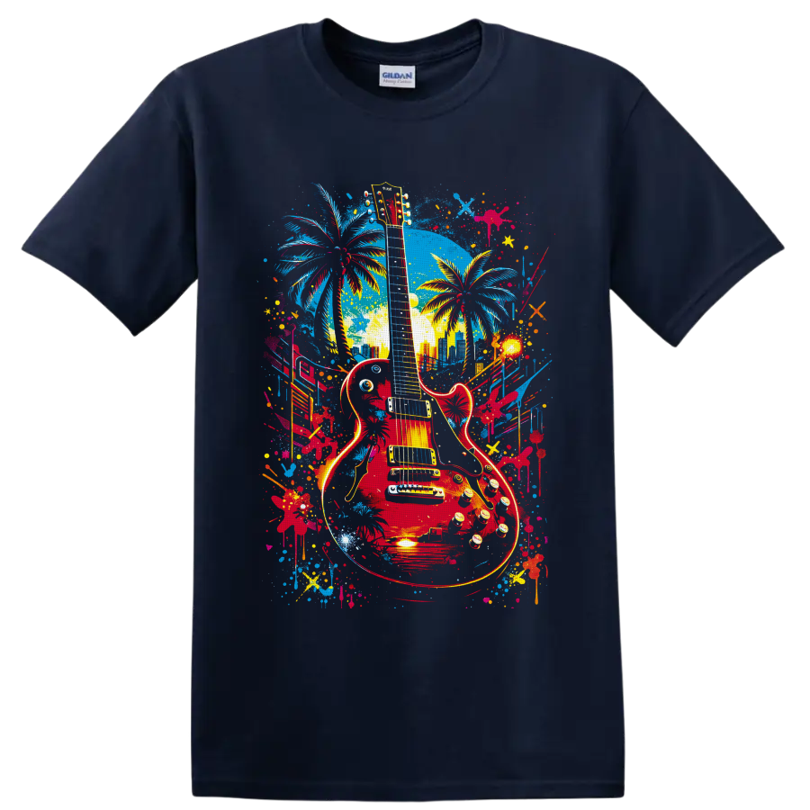 Red electric guitar with palm trees, skyline, and colorful graffiti paint splashes on a Navy (Blue) T Shirt