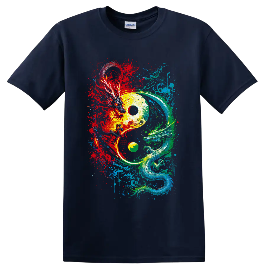 Yin yang with red phoenix and teal dragon in vibrant splatter art on a Navy (Blue) T Shirt