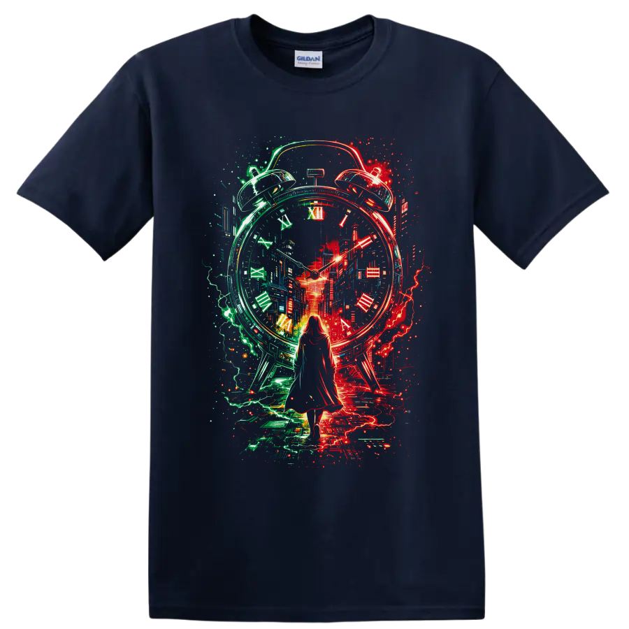 Surreal neon alarm clock and futuristic city with a woman silhouette on a Navy (Blue) T Shirt