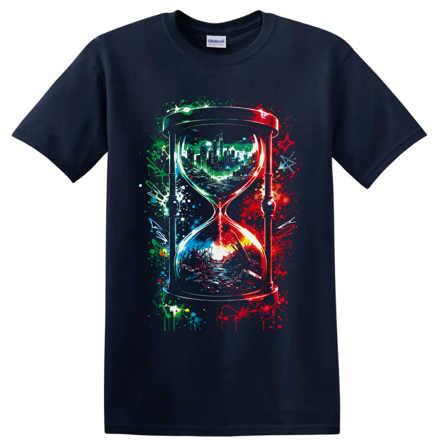 Abstract hourglass with city skyline, flowing landscape, and colorful paint splatters on a Navy (Blue) T Shirt