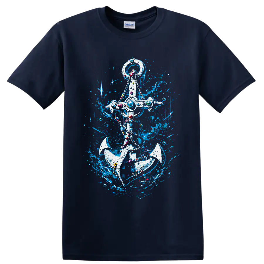 Ornate nautical anchor with electric-blue ocean splashes, bubbles, and colorful accents on a Navy (Blue) T Shirt