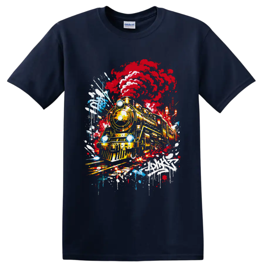 Steam locomotive with red smoke in vivid graffiti-style railroad artwork on a Navy (Blue) T Shirt