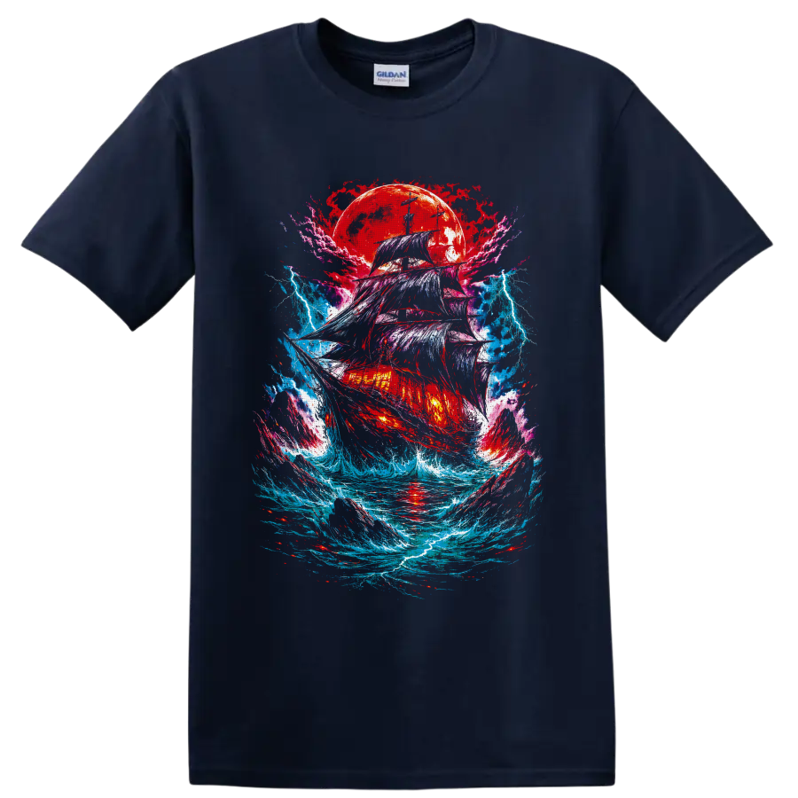 Gothic fantasy pirate ship in storm waves beneath a crimson moon and lightning on a Navy (Blue) T Shirt