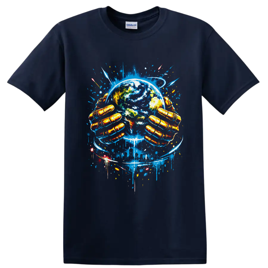 Graffiti-style Earth artwork with golden gloved hands, rockets, and blue orbit trails on a Navy (Blue) T Shirt