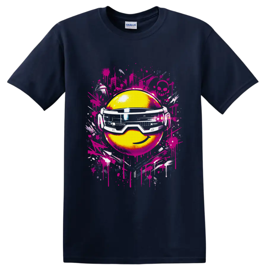 Yellow smiley face in futuristic goggles with pink graffiti splatters on a Navy (Blue) T Shirt