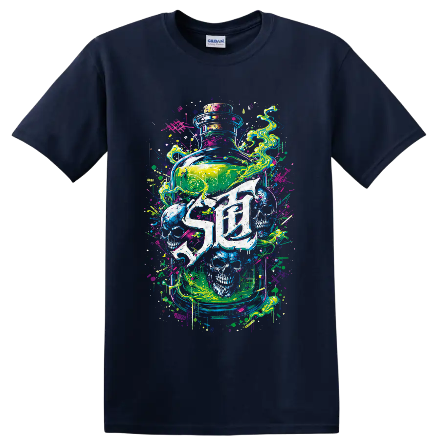 Neon graffiti glass jar with skulls, swirling smoke, splatters, and drips on a Navy (Blue) T Shirt