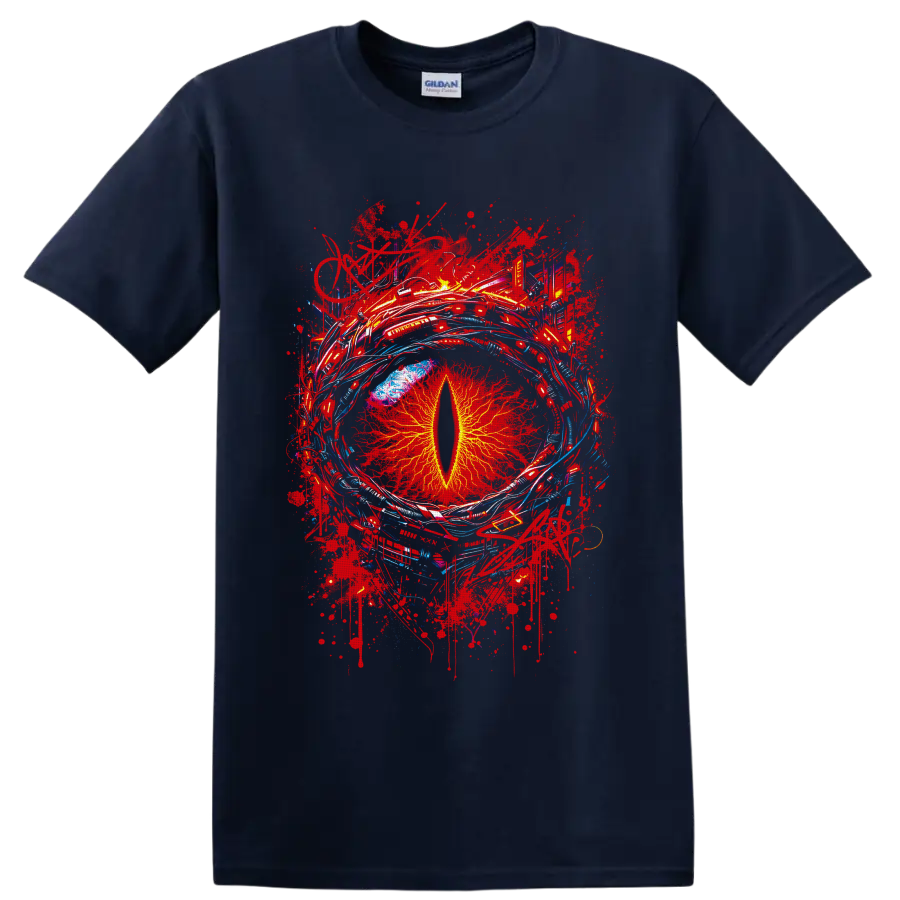 Fiery dragon eye with yellow slit pupil, red splatters, and blue abstract arcs on a Navy (Blue) T Shirt