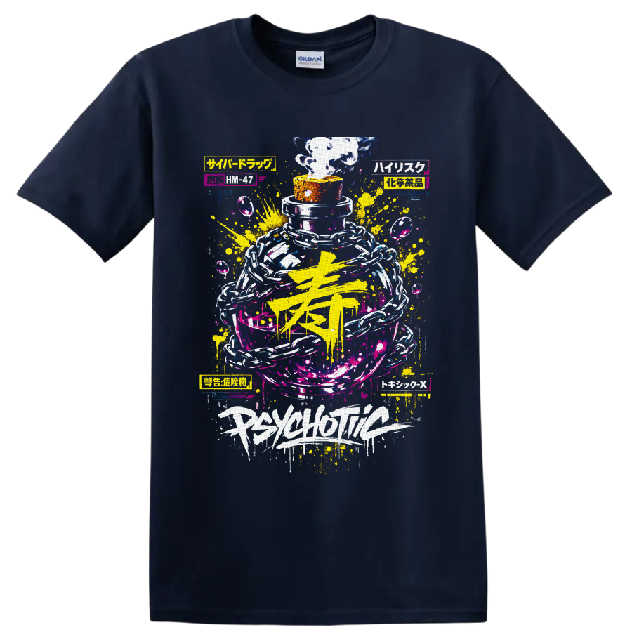 Psychedelic smoke bottle with chains, neon paint splashes, and graffiti-style lettering on a Navy (Blue) T Shirt