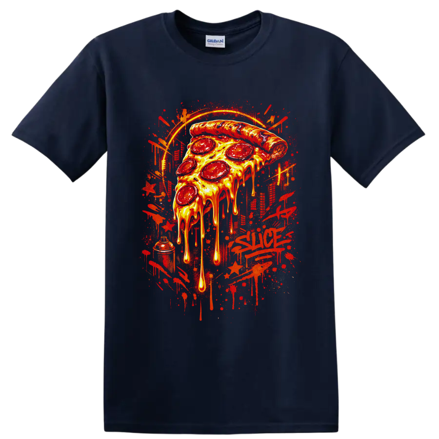 Dripping pepperoni pizza slice in fiery graffiti street art style on a Navy (Blue) T Shirt