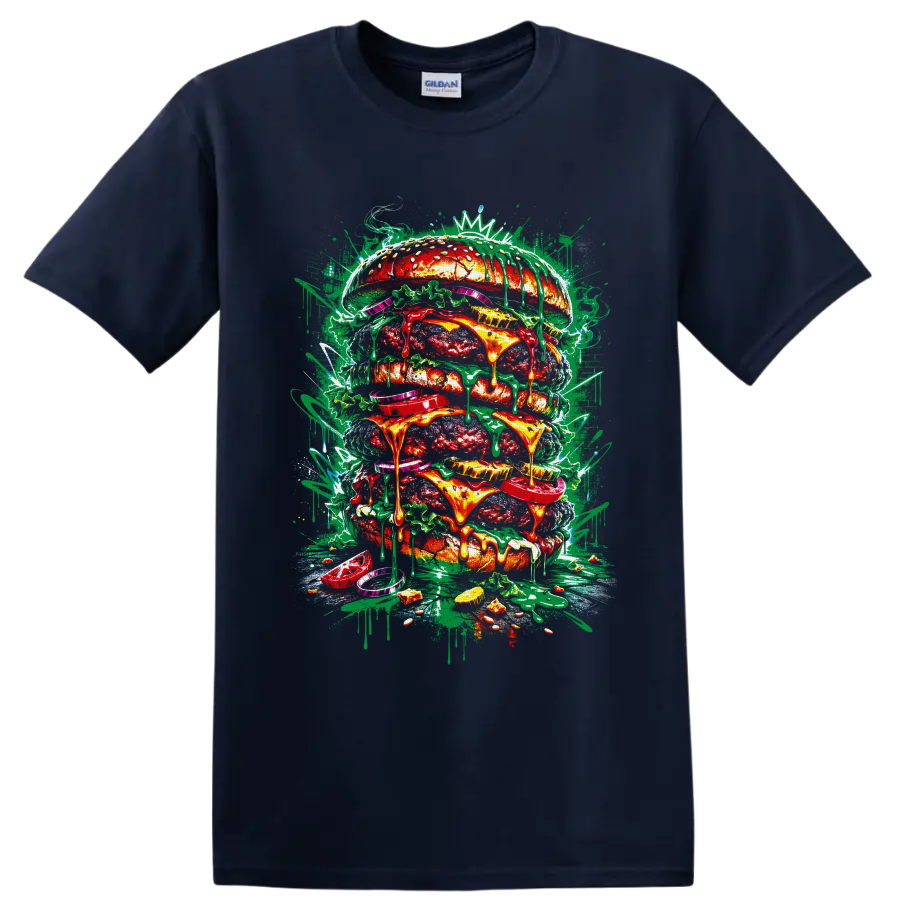 Graffiti-style giant stacked burger with dripping cheese, toppings, paint splatters, and on a Navy (Blue) T Shirt