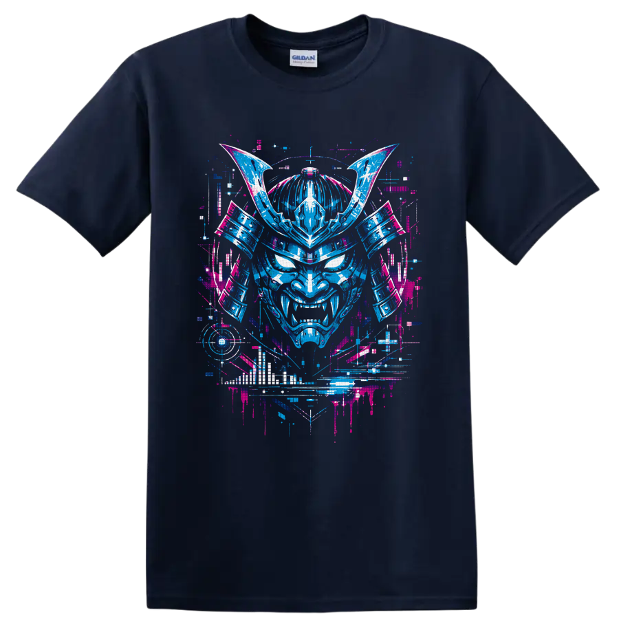 Neon cyberpunk oni mask with samurai armor, horns, fangs, and glitch-art details on a Navy (Blue) T Shirt