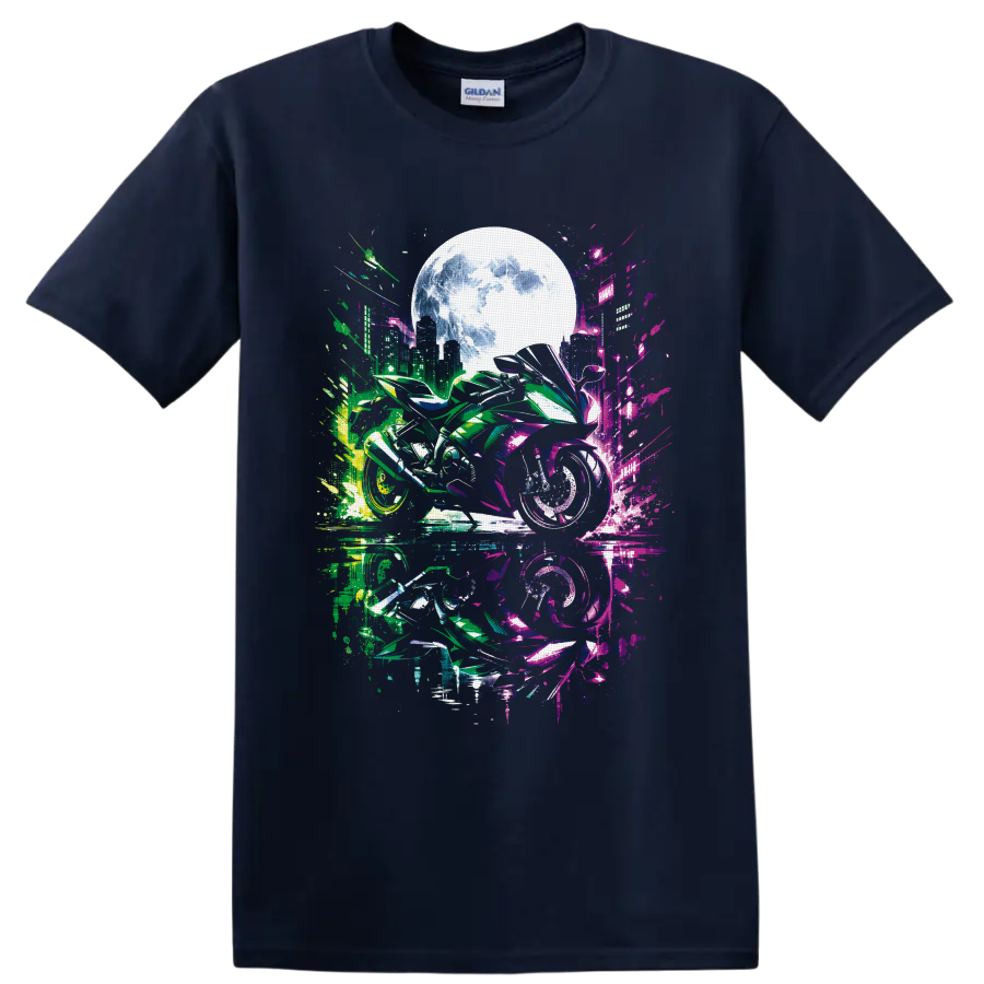 Cyberpunk sport motorcycle with neon city skyline, glowing moon, and reflective street art on a Navy (Blue) T Shirt