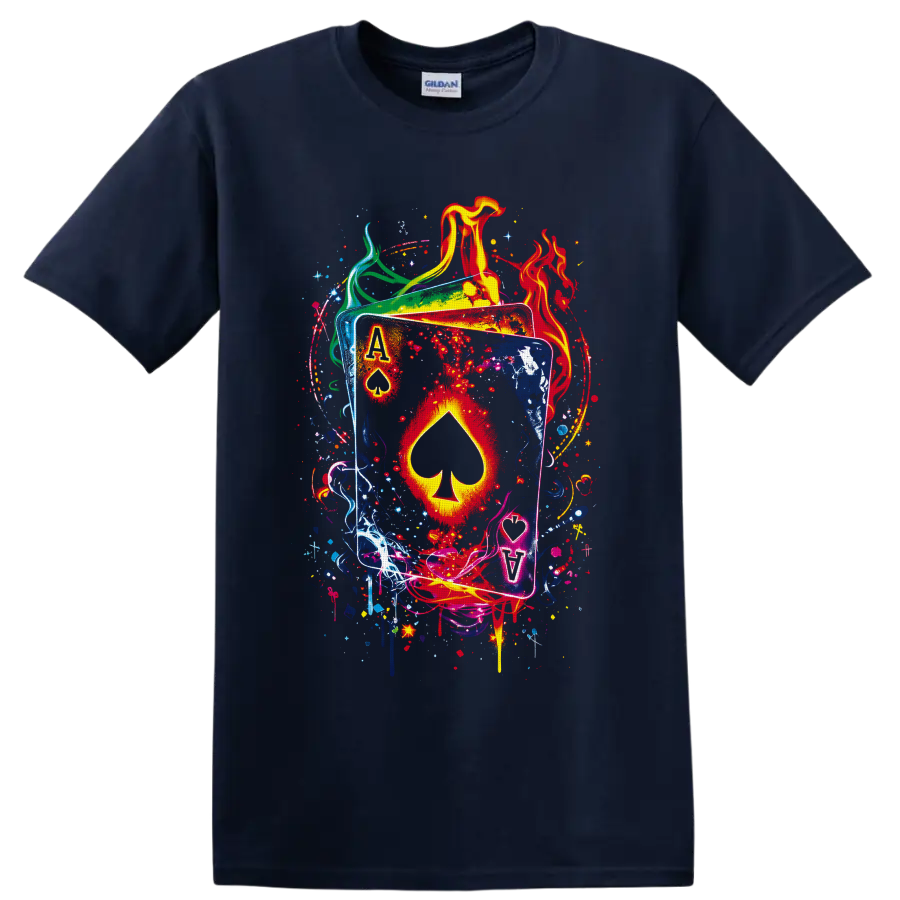 Ace of spades playing cards with flames, paint splashes, and graffiti-style art on a Navy (Blue) T Shirt