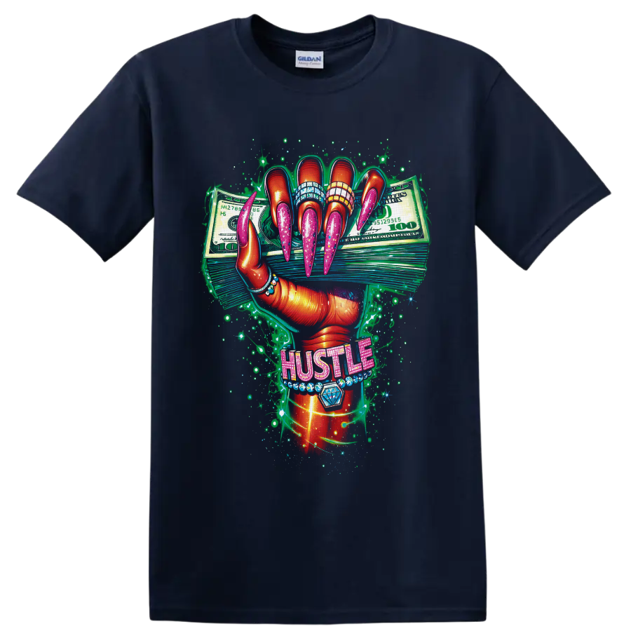Glam manicured hand with pink nails, cash stacks, jeweled HUSTLE lettering, and sparkles on a Navy (Blue) T Shirt