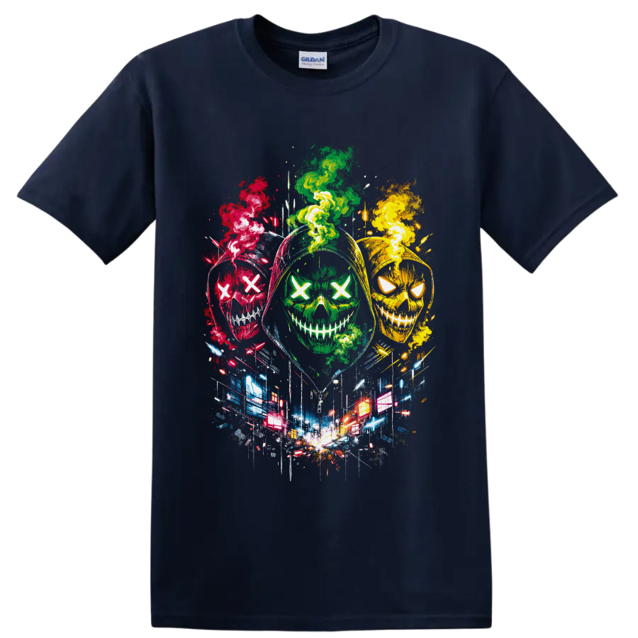 Three neon X-eyed skulls with colorful smoke and glowing city street art on a Navy (Blue) T Shirt