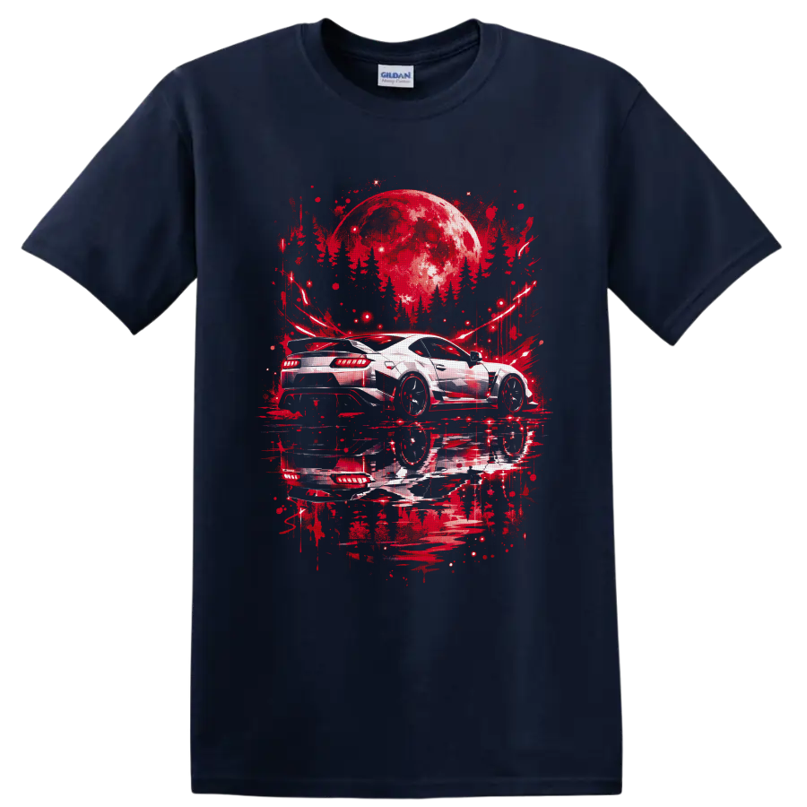 White sports car beneath a crimson moon in red graffiti-style night artwork on a Navy (Blue) T Shirt