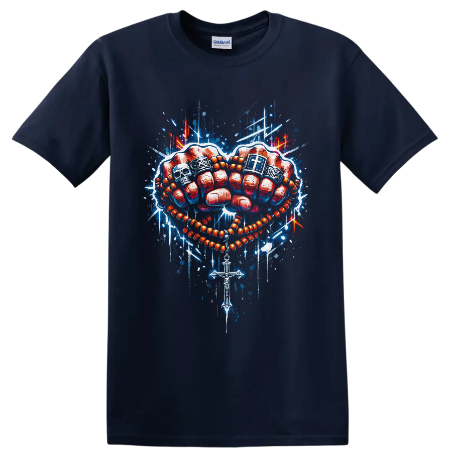 Red boxing gloves with rosary beads, cross, skull, and blue graffiti splashes on a Navy (Blue) T Shirt