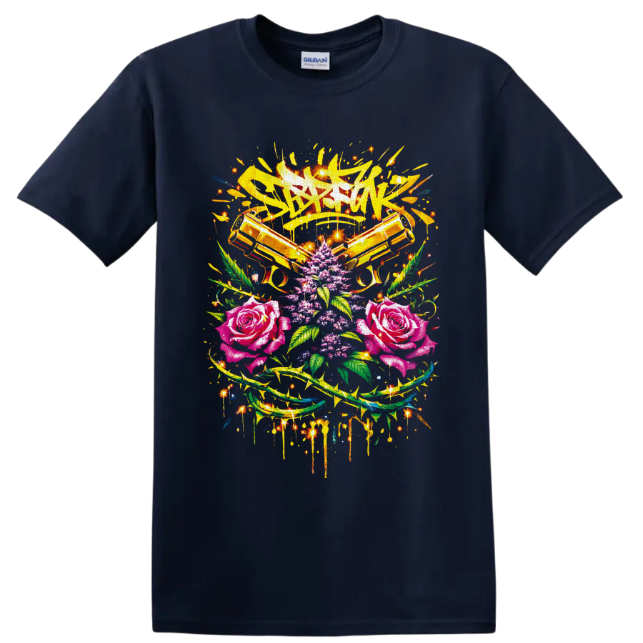 Bang Bang graffiti art with crossed golden pistols, roses, cannabis leaves, and sparks on a Navy (Blue) T Shirt