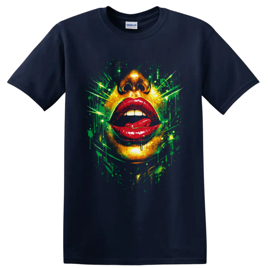 Abstract face with glossy red lips and neon green graffiti splatter art on a Navy (Blue) T Shirt