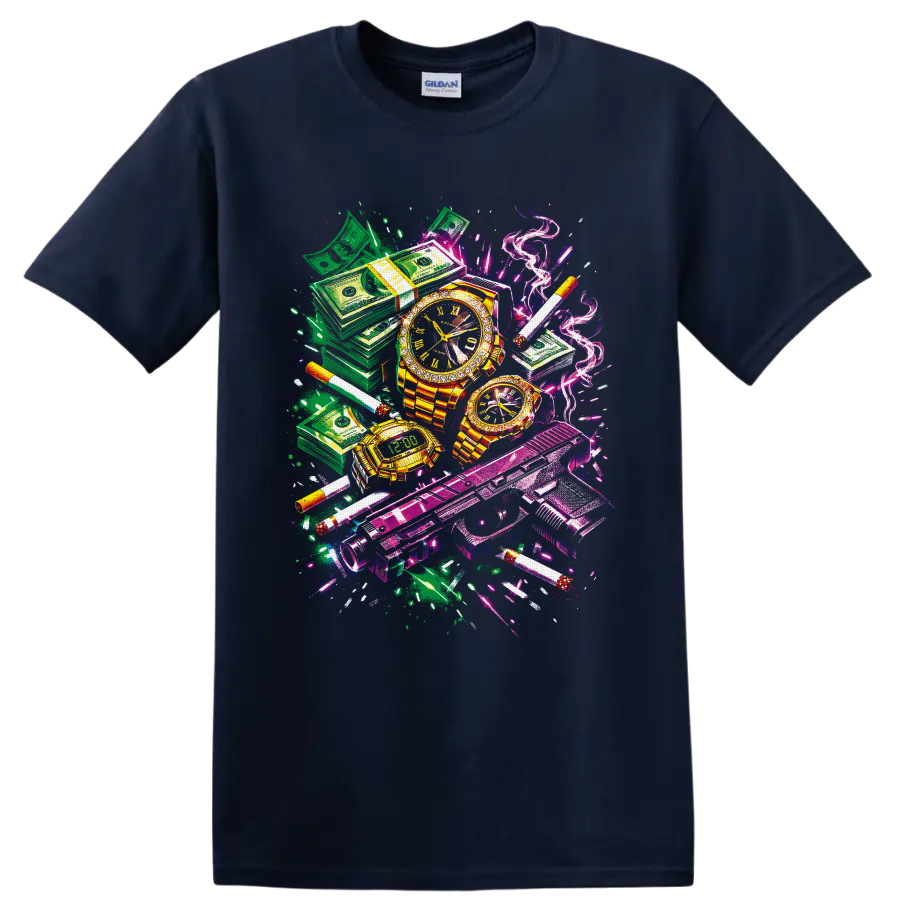 Neon graffiti collage of cash stacks, gold watches, handguns, cigarettes, and smoke on a Navy (Blue) T Shirt