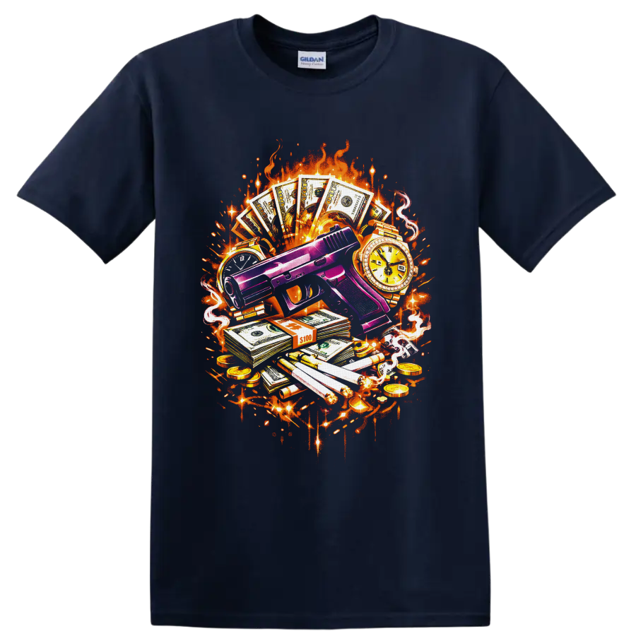 Purple handgun with cash, gold watches, cigars, coins, flames, smoke, and graffiti on a Navy (Blue) T Shirt