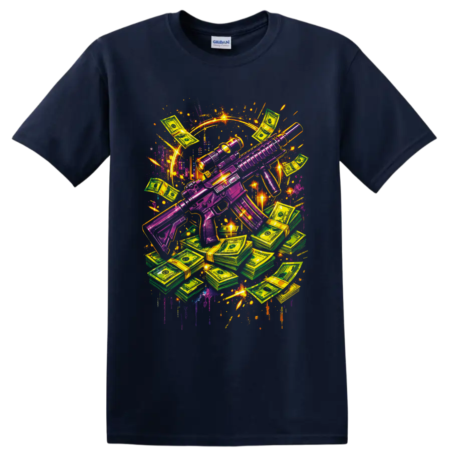 Neon purple tactical rifle with cash stacks in vibrant graffiti art on a Navy (Blue) T Shirt