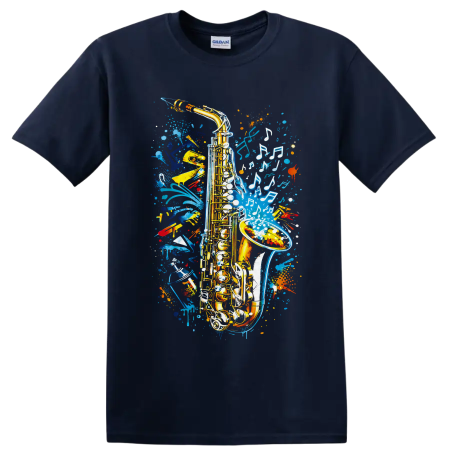 Golden saxophone with white musical notes and colorful graffiti paint splashes on a Navy (Blue) T Shirt