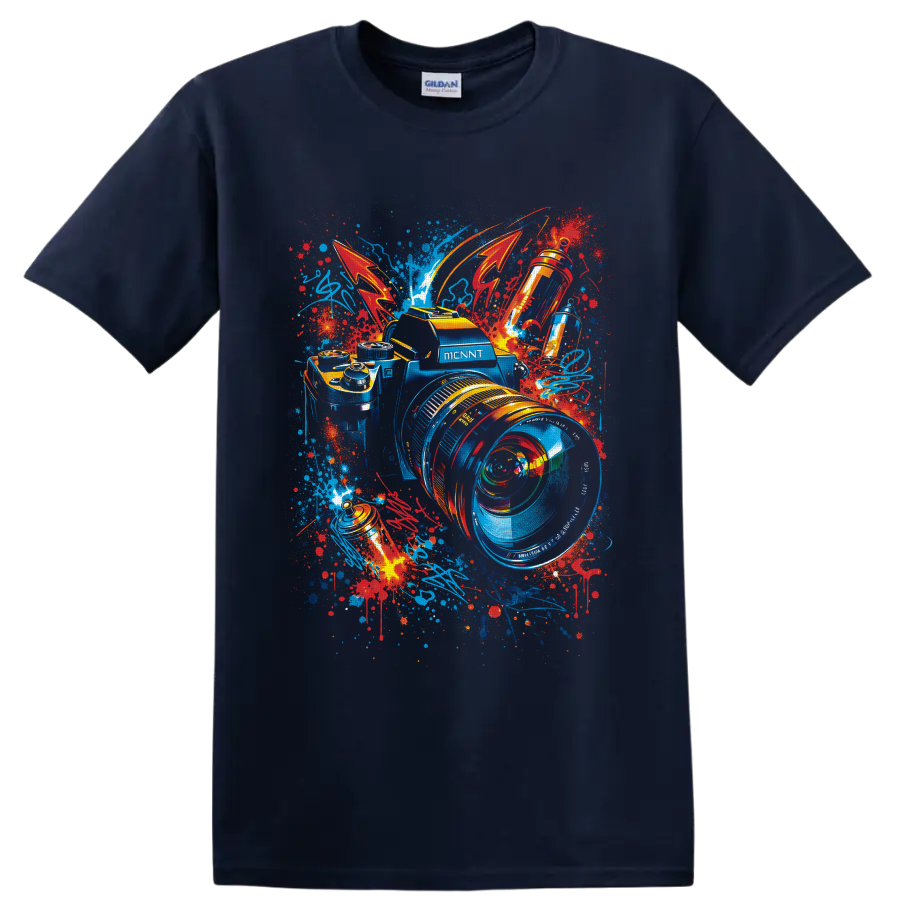 Graffiti-style camera with oversized lens, vivid paint splatters, and abstract strokes on a Navy (Blue) T Shirt