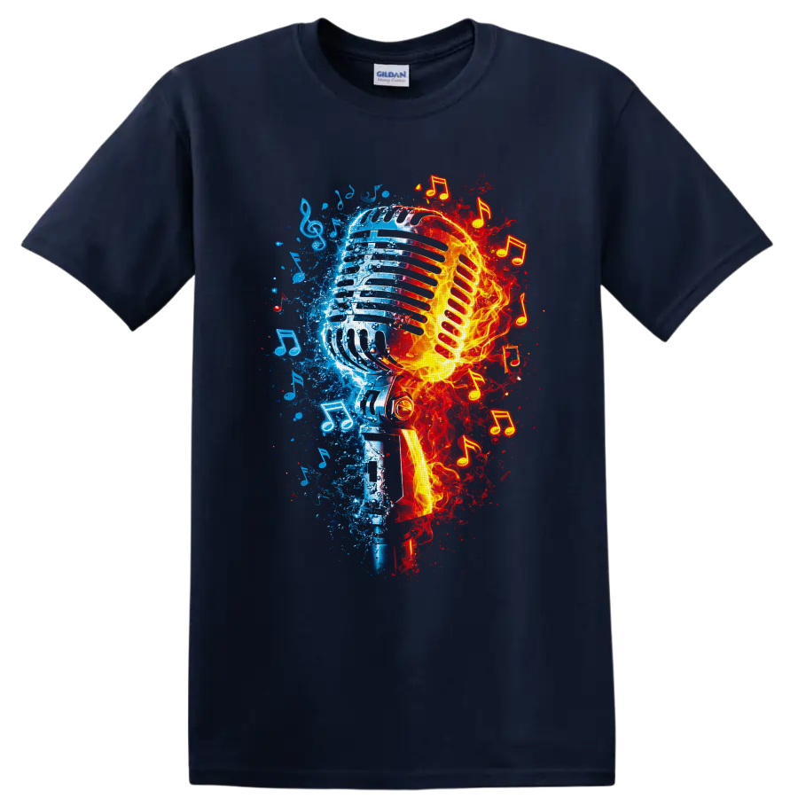 Fire and ice vintage microphone graphic with blue splashes, flames, and music notes on a Navy (Blue) T Shirt