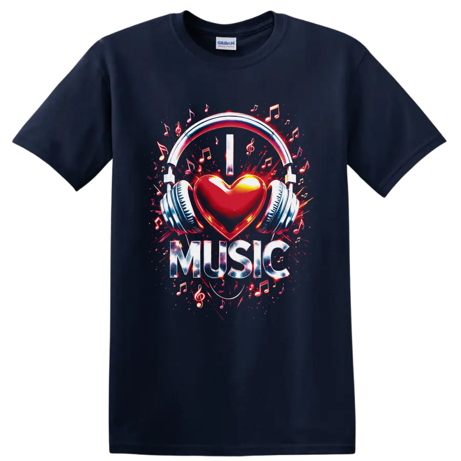 Red heart with headphones, musical notes, treble clefs, and MUSIC graffiti graphic on a Navy (Blue) T Shirt