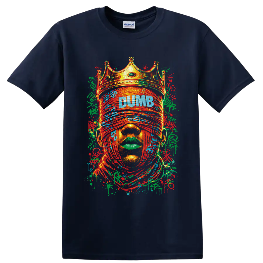 Crowned blindfolded face graffiti portrait with DUMB text and paint splatters on a Navy (Blue) T Shirt