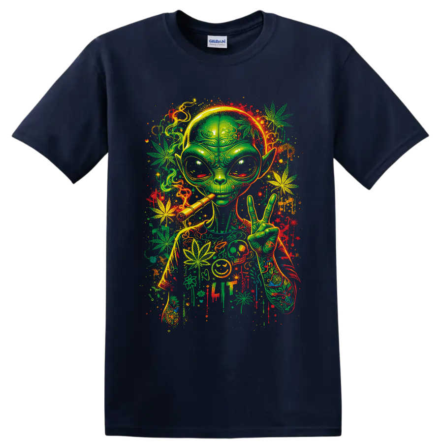 Psychedelic green alien smoking with peace sign, cannabis leaves, and neon paint splatters on a Navy (Blue) T Shirt