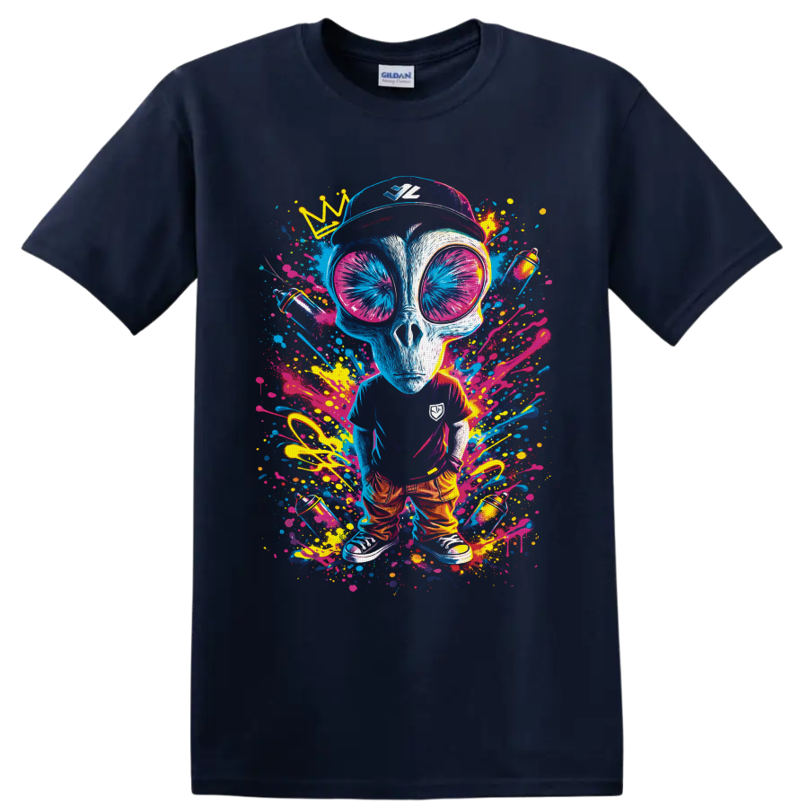 Crowned alien in oversized sunglasses with neon graffiti paint splatters on a Navy (Blue) T Shirt