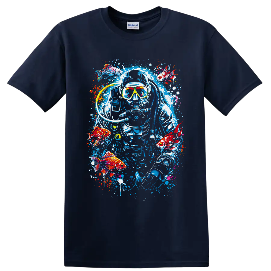 Graffiti-style scuba diver with goldfish, bubbles, and colorful ocean paint splashes on a Navy (Blue) T Shirt