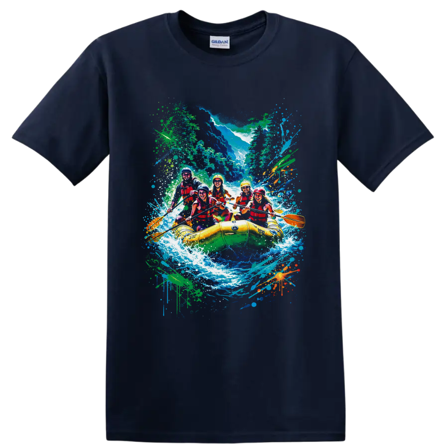 Colorful whitewater rafting crew in yellow raft with canyon rapids and paint splatters on a Navy (Blue) T Shirt