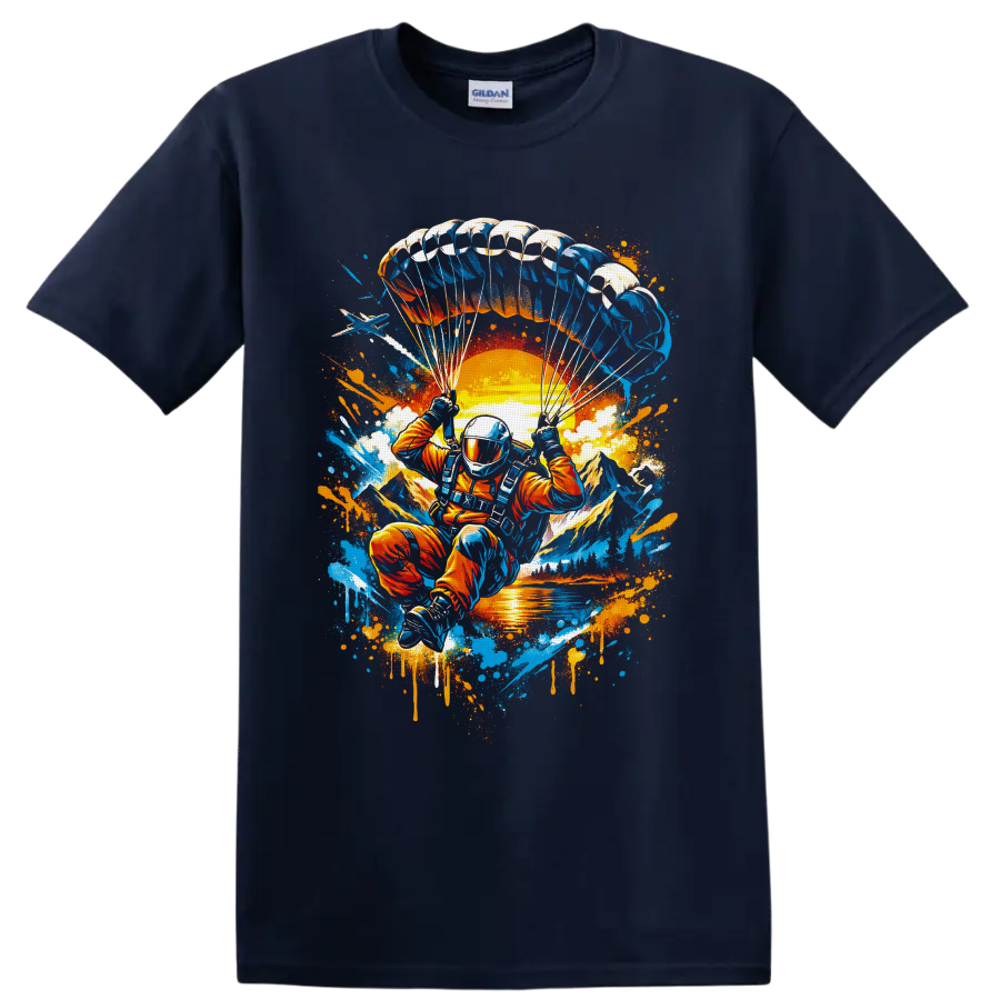 Skydiver under parachute over sunset mountains in vibrant graffiti splatter art on a Navy (Blue) T Shirt